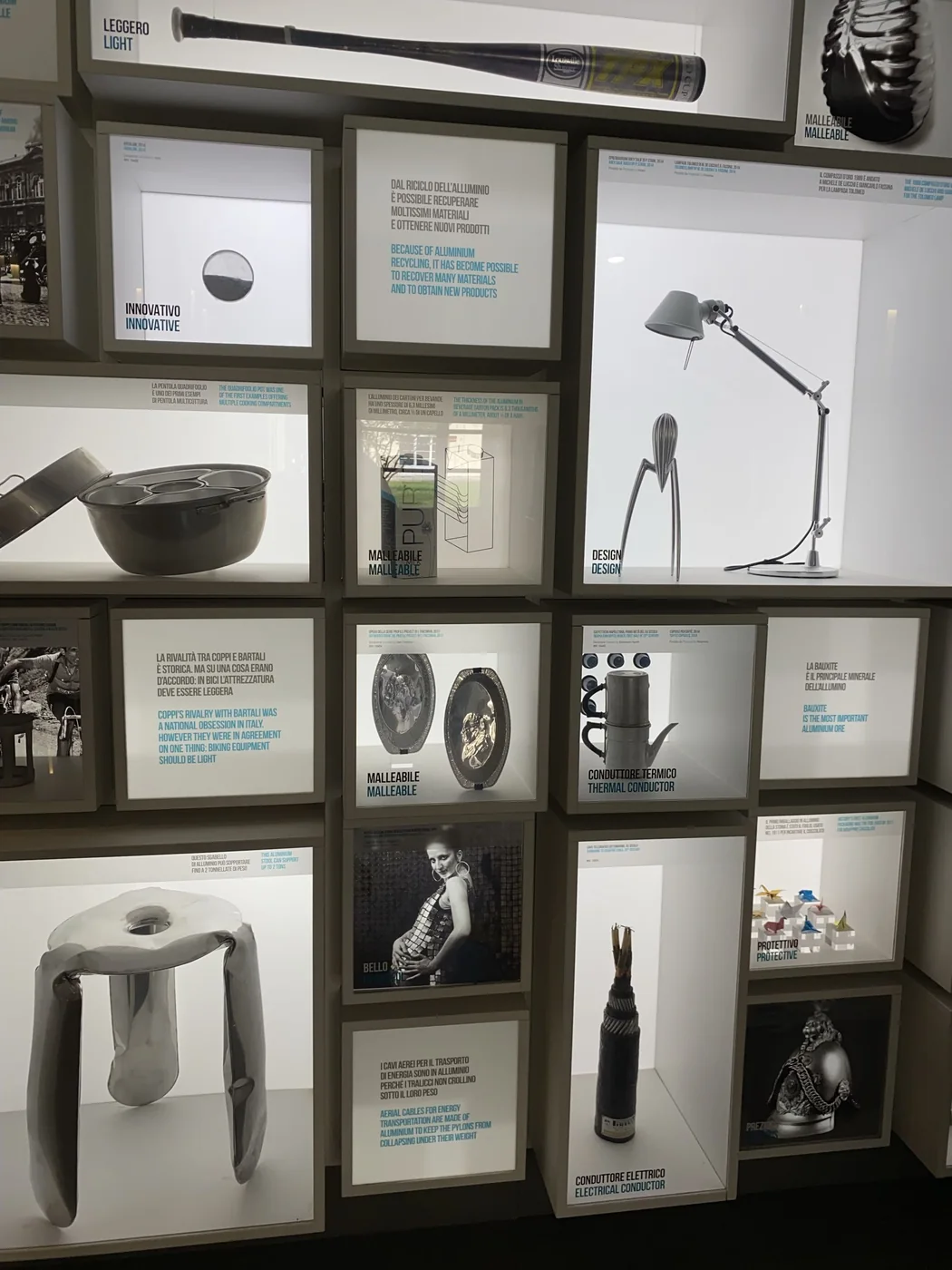A museum display of designed objects and materials