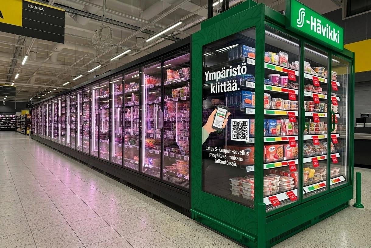S-Hävikki branded food waste cabinet concept in a grocery store